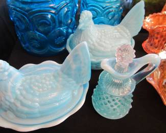 Blue Milk Glass Hens on a Basket