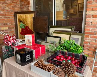 In the breeze way more Shiny Brite ornaments, boxed angels and art work