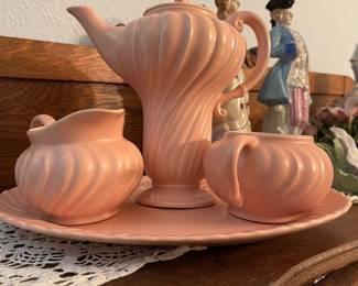 Vintage Franciscan Coronado Coral Tea Set produced by Gladding and McBean and Co. between 1936-1954 Art Deco design (4 pieces)