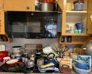 Kitchen pots and pans, crocks, utensils, cast iron fry pan and griddle, vintage items