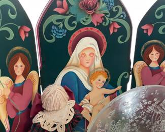 Handmade and Tole painted, three piece screen of the Nativity by Doris