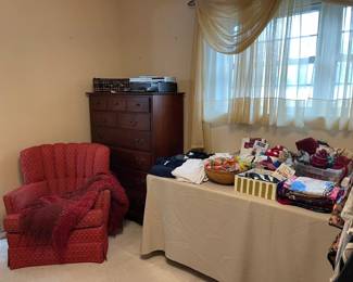 Master Bedroom, red/gold arm chair, tall boy maid by Kincaid