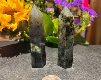 Labradorite on the left, Prehnite on the right