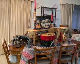 Looking into the formal dining room, vintage dining table with six chairs including table top protector pads