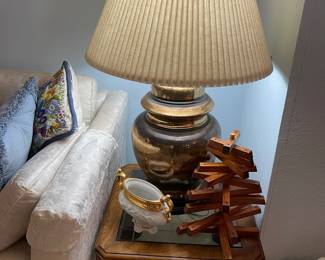 A second Ginger style vintage table lamp, vintage accent table with glass insert, hand made wood Christmas tree