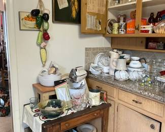 Kitchen vintage baking, mixer bowls, Corelle, Pyrex, Baking pans, Crock and wonderful old table