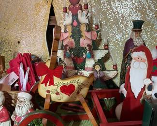Tole painted Santa, sleigh and large Christmas Tree with angles and candles
