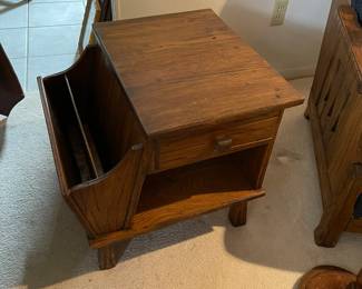 Vintage Ranch Oak side table with magazine storage, drawer and shelf