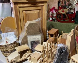 Wood handmade cars, trucks, boat, cupboard and kits ready for painting