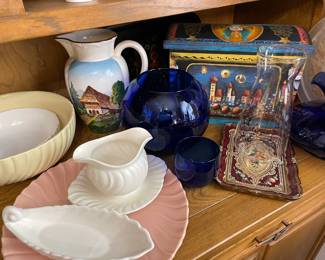 Vintage Franciscan, hand painted trunk, Italian small tray, Mid-Century glass beverage server, cobalt glass