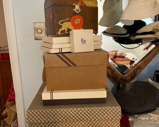Vintage hat and clothing boxes, vintage wood purse
