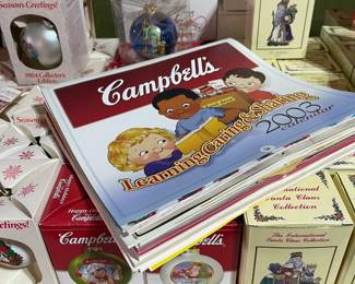 Vintage Campbell Kids ornaments in original boxes and calendars 
