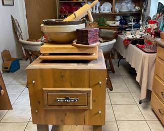 Butcher block table with drawer and lower storage, chopping boards, crock bowls