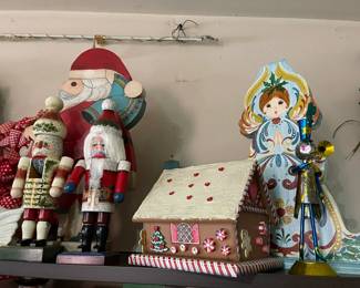 Tole hand painted nutcrackers, ginger bread house, angel