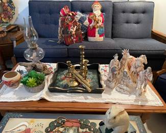 Vintage coffee table, Native American figure Nativity, brass candle sticks, hand painted tray, hand painted bench