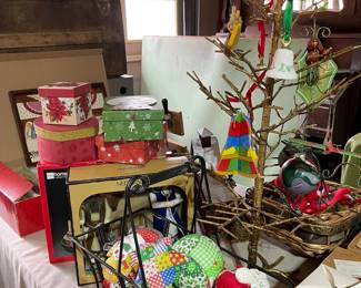 Metal Christmas Tree, handmade ornaments, gift boxes, Nativities