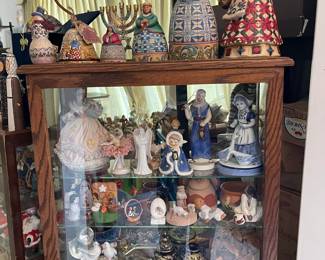 Show case at the front register area, Jim Shore, vintage Christmas, ceramics, porcelains and Nativities