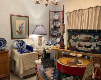 Looking into the formal dining room, full of flow blue, blue willow, Tole pieces