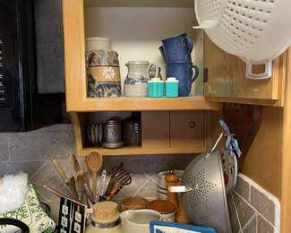 Lots of crocks, salt glaze and vintage utensils