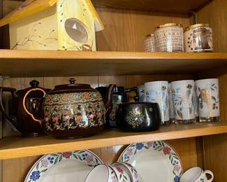 Vintage tea pots made by Gibson's of England, Japan brown glazed jug and sugar bowl,  bird house, Mid-Century glass, Johnson Bros. copy of Adams "Old Colonial" made in England