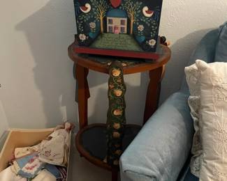 Hand painted heart shaped table, and hand painted box, wonderful collection of vintage hankies