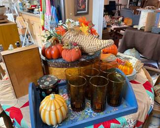 Lot of great vintage seasonal and glass, handmade and painted tray and box