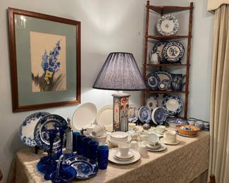 Lots more of the great collection of flow blue, cobalt vintage glass, tole painted table lamp