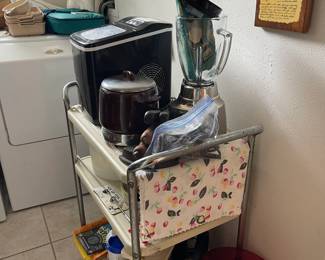 Vintage metal cart, electric ice maker, bean pot, blender, scale