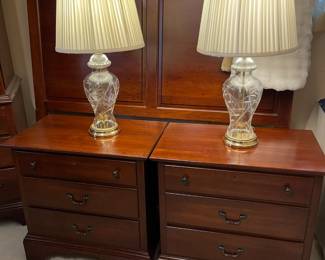 Two bedside tables made by Kincaid Co. and two glass table lamps with original shades