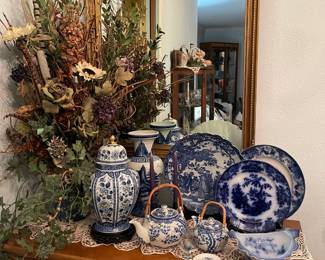 Lots of vintage flow blue and vintage transfer ware pieces, large floral and vintage mirror
