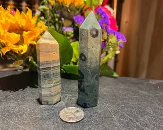 Caribbean Calcite on the left, Kambaba Jasper