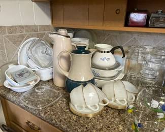 Vintage Corelle cornflower, flasks, Pyrex, storage jars