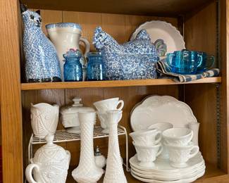 Vintage milk glass, ceramics and depression glass in kitchen area