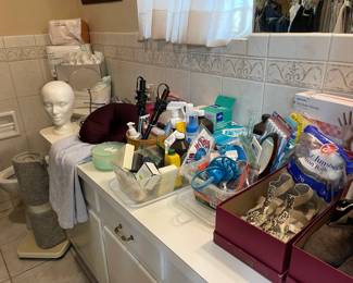 Master bathroom has lots of toiletries, shoes, hair tools and sanitary items