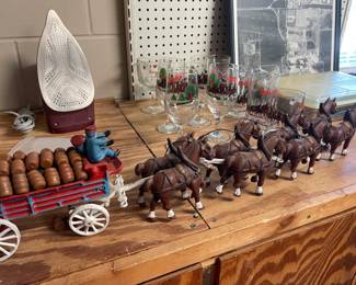 Budweiser glasses & VTG Cast Iron Clydesdale Horses & wagon