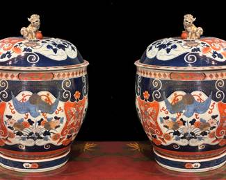 Pair of Japanese Imari Floor Jars with Lids 21" tall