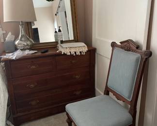 lamp, chair, mirror, dresser