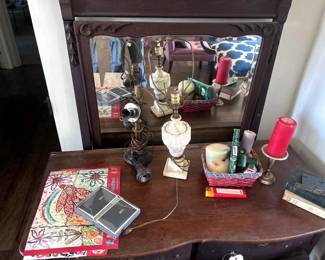 marble lamp, antique phone turn into lamp, candles, art, stationary mirror and dresser