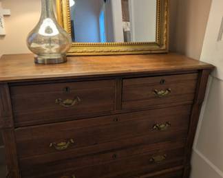 Vintage four drawer dresser, mercury glass lamp & gilt mirror