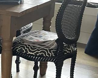 one of six black and white curve back rope detail wood chair with cane back