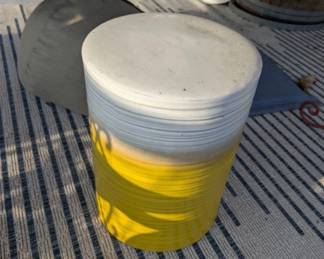 yellow and white ceramic garden stool/ table, outdoor rug, beanbag ottoman