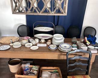 set of 6 arched back black chairs, ladder back chair, dishes, navy blackout curtains