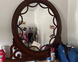 antique mirror, glass tray and view of purses