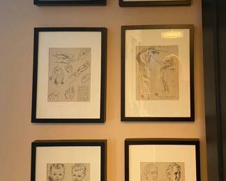 group for 6 framed black and white sketches 