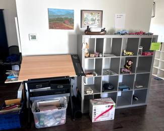 Art, drafting table, collectables, singer sewing machine and art supplies