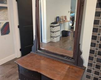 antique low boy dresser/ vanity with large tilting mirror