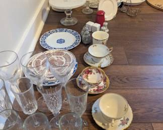 glassware, tea cups, cake stands, china dishes