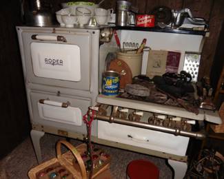 Antique Roper Oven and Range, Crock, Tins, Vintage Milk Glass Punch Bowl Set