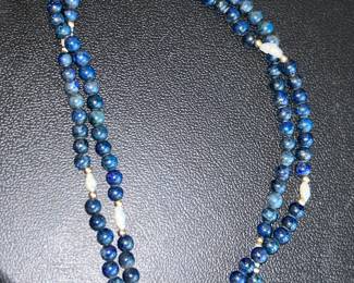 Lapis +Pearl , 14k Gold Bead Necklace 