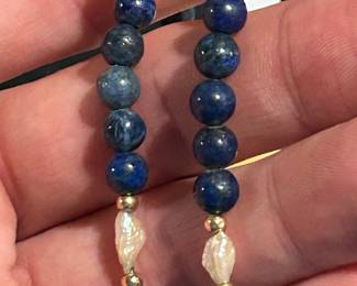 Lapis +Pearl , 14k Gold Bead Necklace 